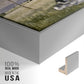 Close-up of the silver floater frame corner and gallery wrapped canvas construction.