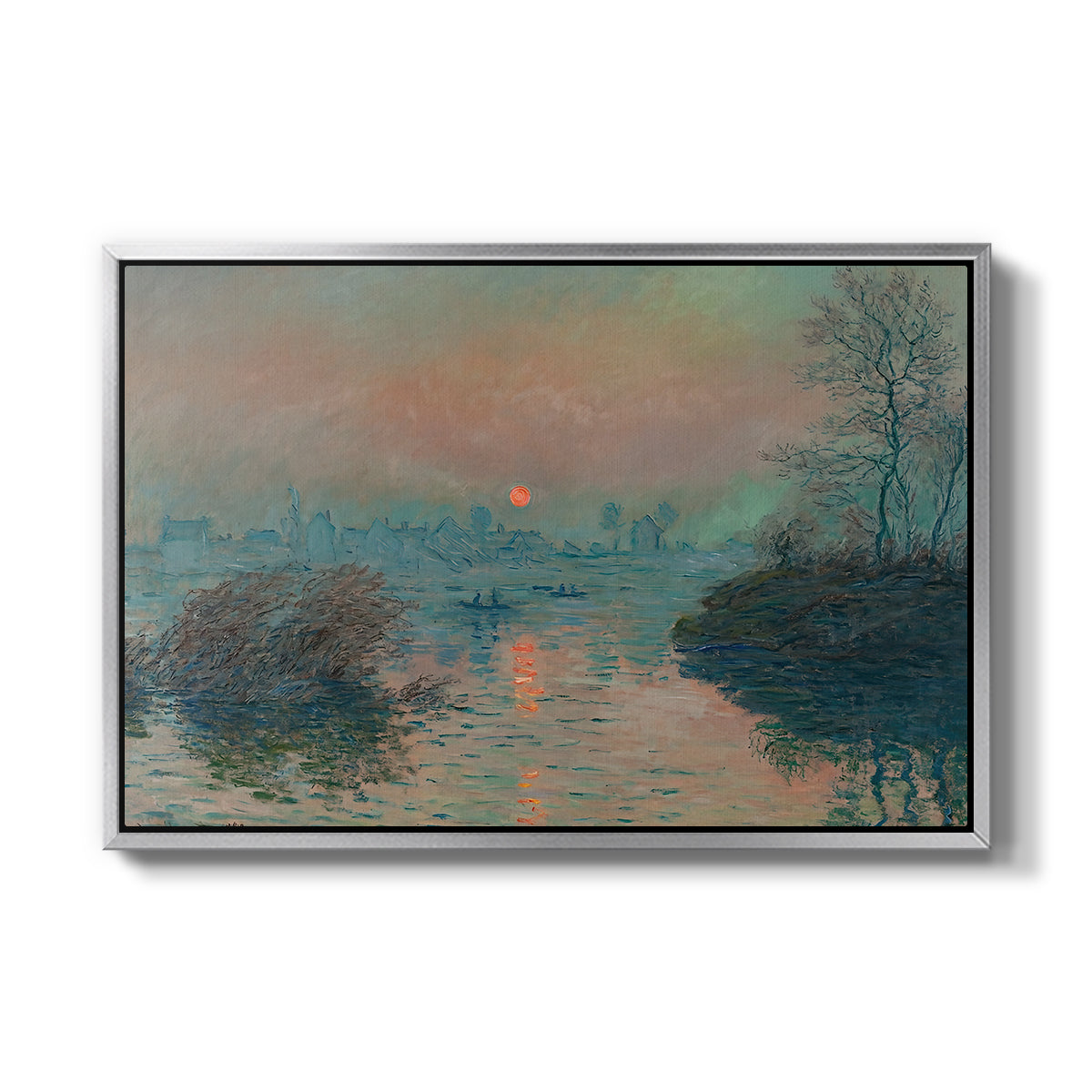 Sunset on the Seine at Lavacourt, Winter Effect, 1880 by Claude Monet in a silver floater framed canvas wall art display.