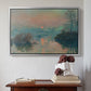 Silver floater framed canvas featuring Sunset on the Seine at Lavacourt, Winter Effect, 1880 by Claude Monet above an entryway table in a minimalist foyer.