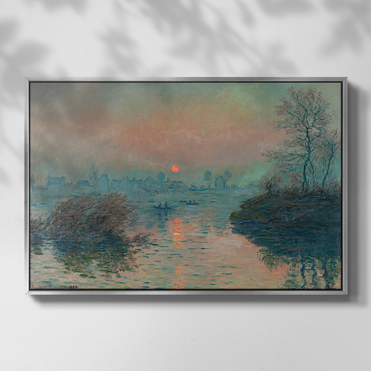 Front view of Sunset on the Seine at Lavacourt, Winter Effect, 1880 by Claude Monet in a silver floater framed canvas.