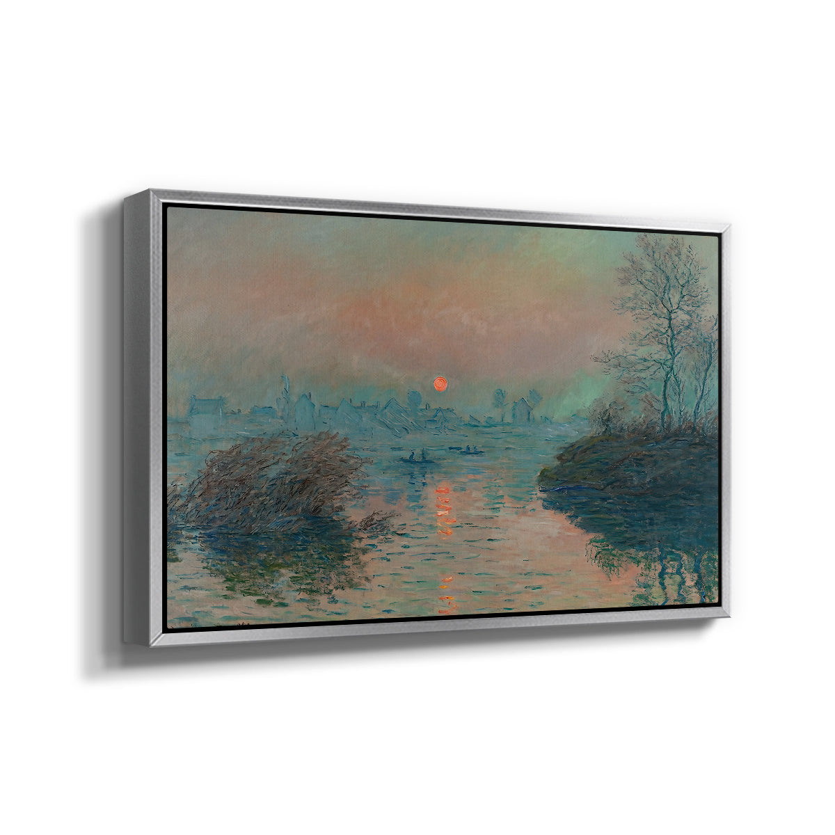 Angled view of Sunset on the Seine at Lavacourt, Winter Effect, 1880 by Claude Monet in a silver floater framed canvas.