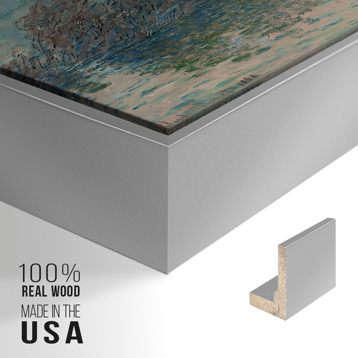 Close-up of the silver floater frame corner and gallery wrapped canvas construction.