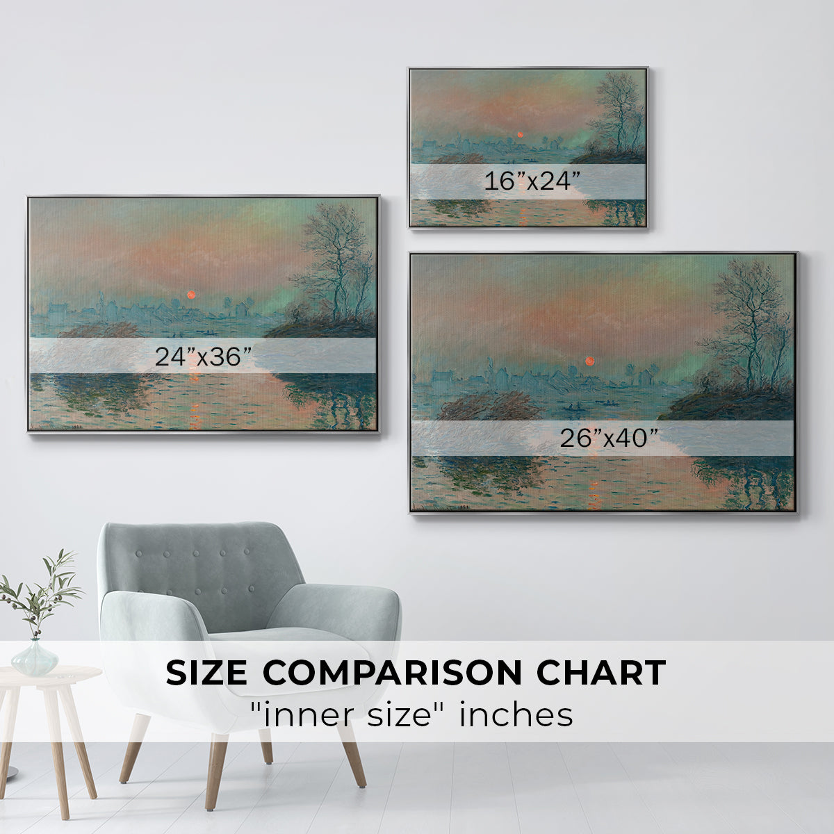 Size comparison chart for silver floater framed canvas featuring Sunset on the Seine at Lavacourt, Winter Effect, 1880 by Claude Monet.
