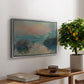 Sunset on the Seine at Lavacourt, Winter Effect, 1880 by Claude Monet, presented in a silver floater framed canvas featuring a glowing sunset over snowy river landscape with soft reflections, displayed above a hallway console table.