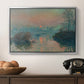 Sunset on the Seine at Lavacourt, Winter Effect, 1880 by Claude Monet in a silver floater framed canvas displayed above a console table in a hallway, featuring an atmospheric landscape combining cold tones and warm sky.