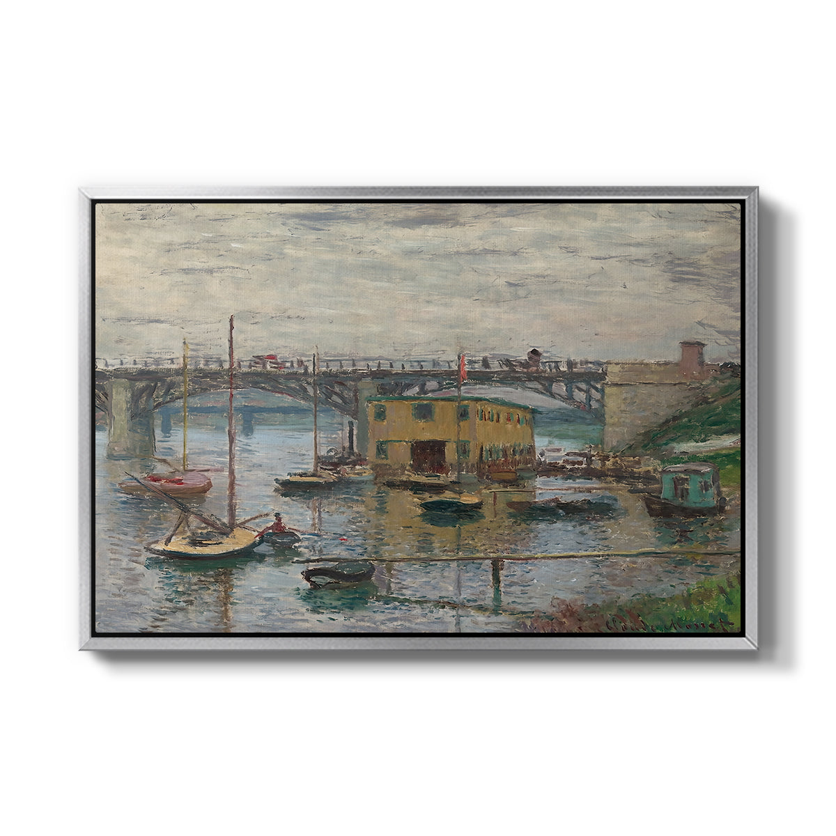 Bridge at Argenteuil on a Gray Day, c. 1876 by Claude Monet in a silver floater framed canvas wall art display.