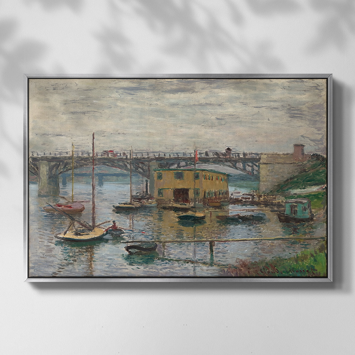 Front view of Bridge at Argenteuil on a Gray Day, c. 1876 by Claude Monet in a silver floater framed canvas.
