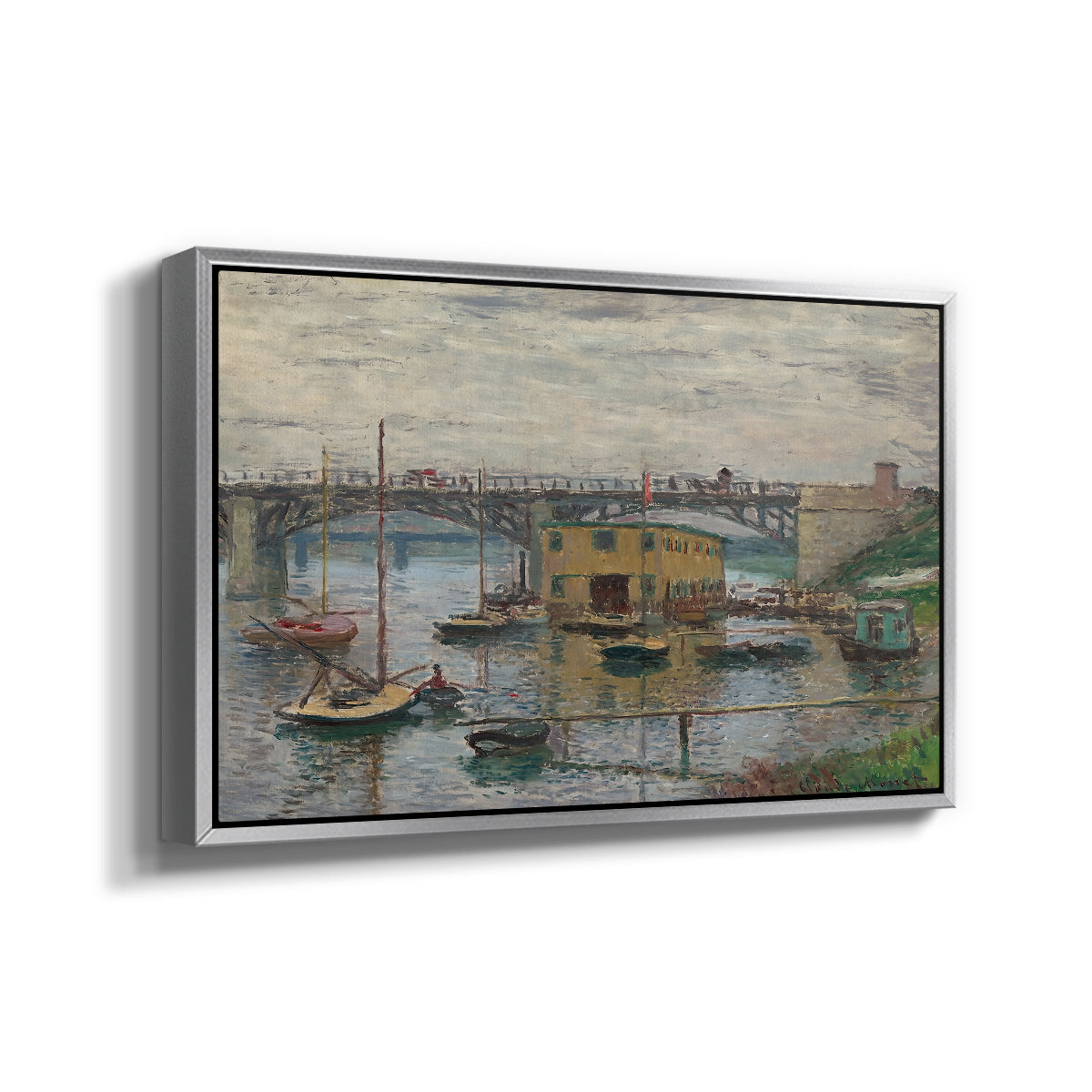 Angled view of Bridge at Argenteuil on a Gray Day, c. 1876 by Claude Monet in a silver floater framed canvas.