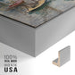 Close-up of the silver floater frame corner and gallery wrapped canvas construction.