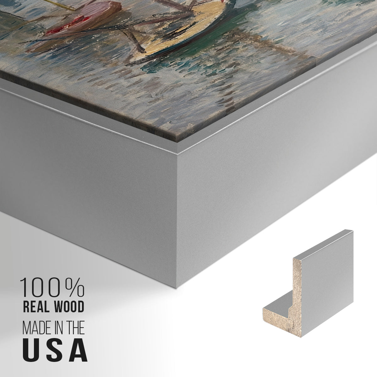 Close-up of the silver floater frame corner and gallery wrapped canvas construction.