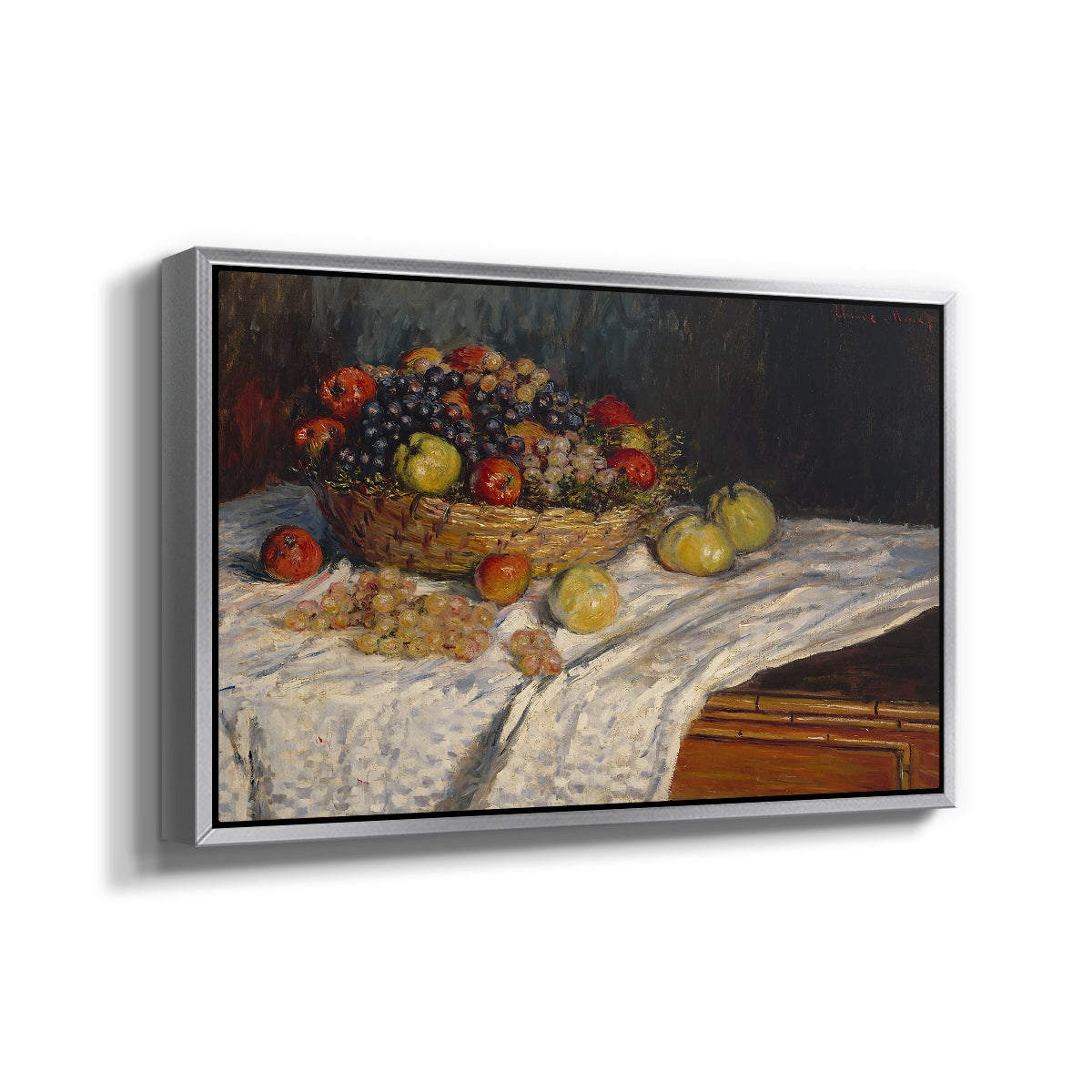 Angled view of Still Life with Apples and Grapes, 1880 by Claude Monet in a silver floater framed canvas.