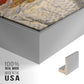 Close-up of the silver floater frame corner and gallery wrapped canvas construction.