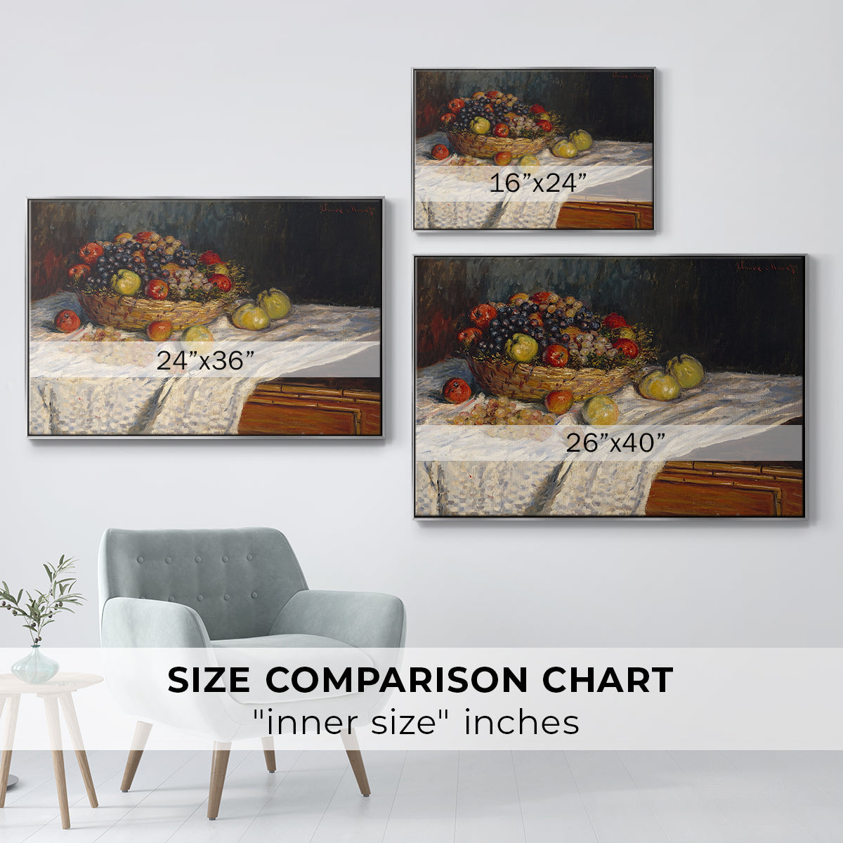 Size comparison chart for silver floater framed canvas featuring Still Life with Apples and Grapes, 1880 by Claude Monet.