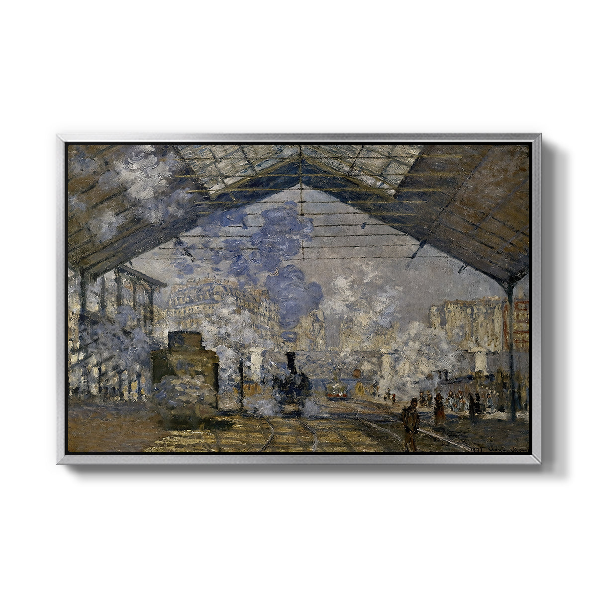 The Gare Saint-Lazare, 1877 by Claude Monet in a silver floater framed canvas wall art display.