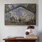 Silver floater framed canvas featuring The Gare Saint-Lazare, 1877 by Claude Monet above an entryway table in a minimalist foyer.