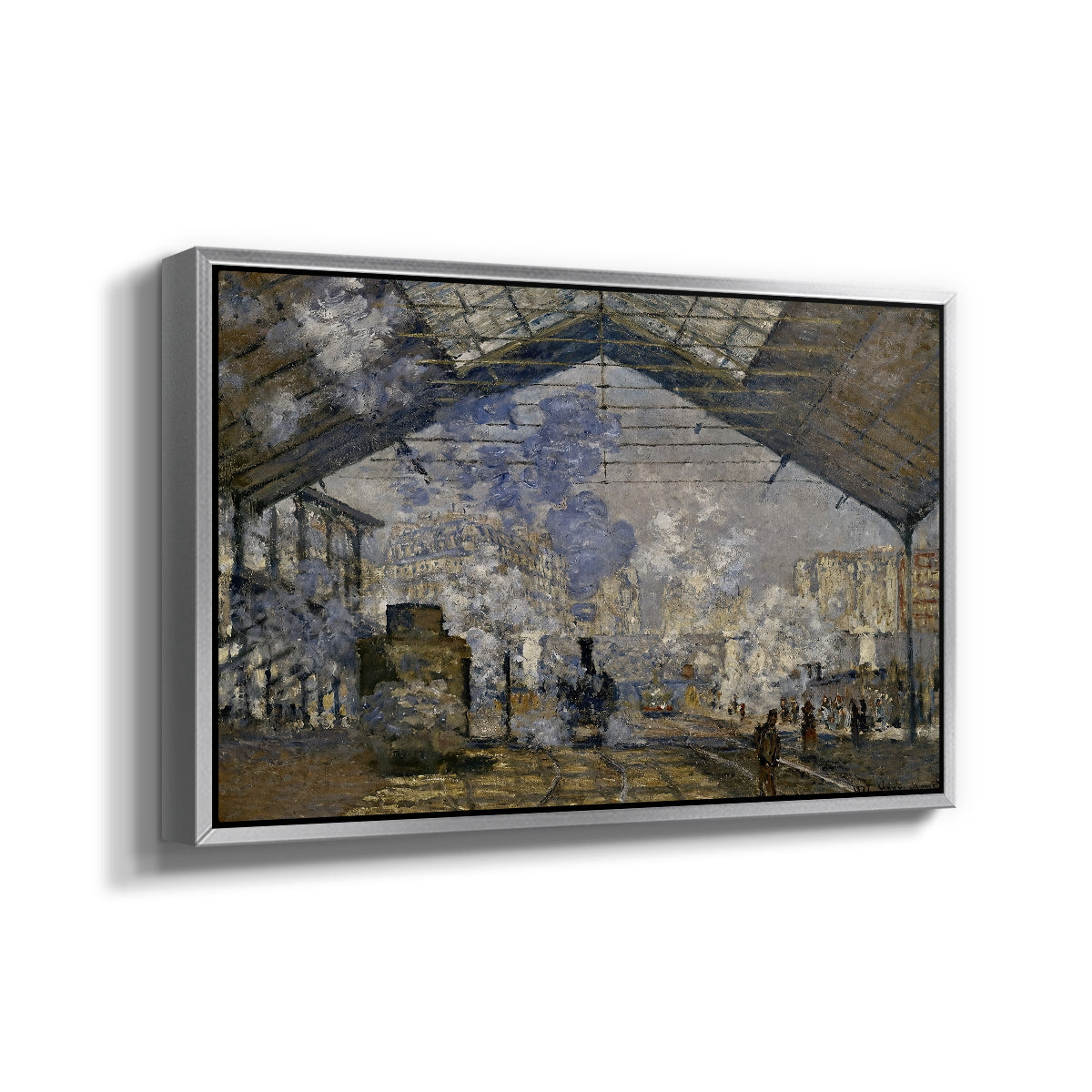 Angled view of The Gare Saint-Lazare, 1877 by Claude Monet in a silver floater framed canvas.