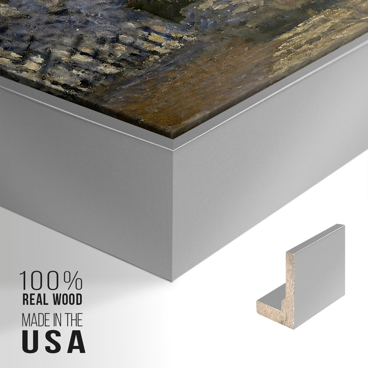 Close-up of the silver floater frame corner and gallery wrapped canvas construction.