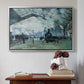 Silver floater framed canvas featuring The Saint-Lazare Station, 1877 by Claude Monet above an entryway table in a minimalist foyer.