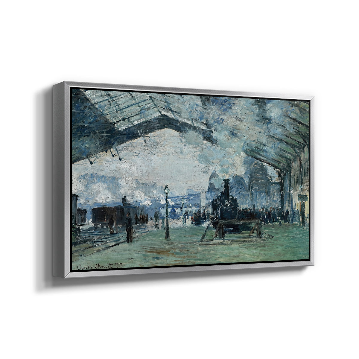 Angled view of The Saint-Lazare Station, 1877 by Claude Monet in a silver floater framed canvas.