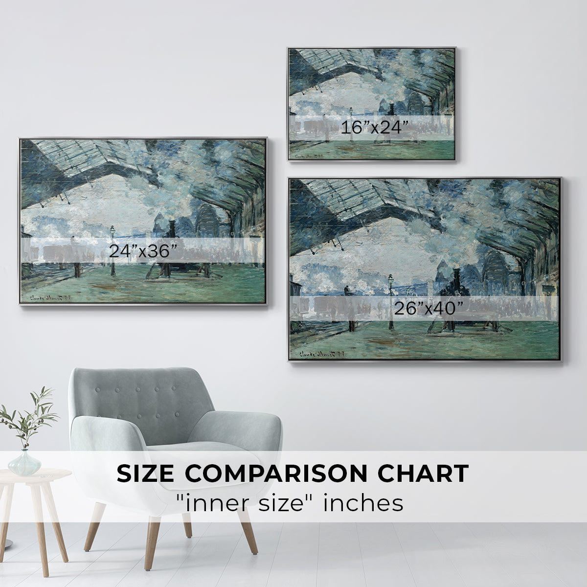 Size comparison chart for silver floater framed canvas featuring The Saint-Lazare Station, 1877 by Claude Monet.
