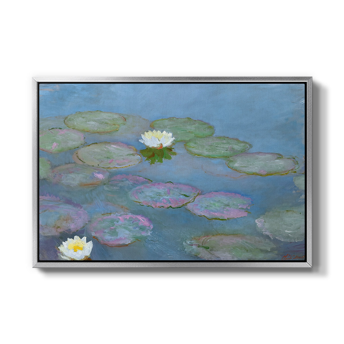 Water Lilies (Nymphéas), 1897-1899 by Claude Monet in a silver floater framed canvas wall art display.