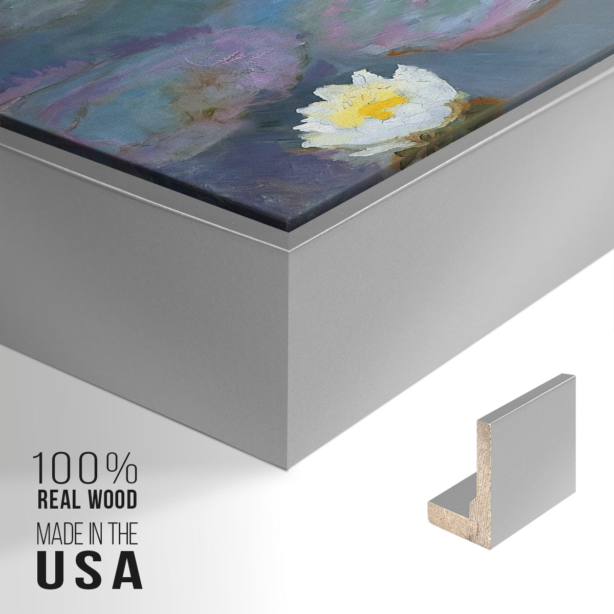 Close-up of the silver floater frame corner and gallery wrapped canvas construction.