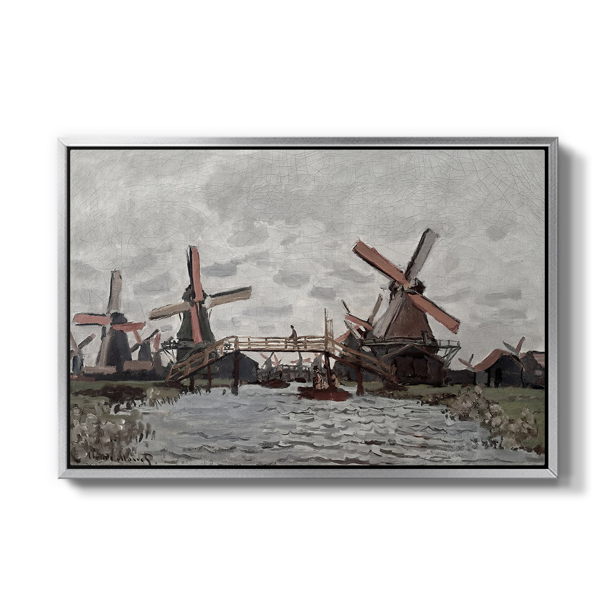 Windmills near Zaandam, 1871 by Claude Monet in a silver floater framed canvas wall art display.