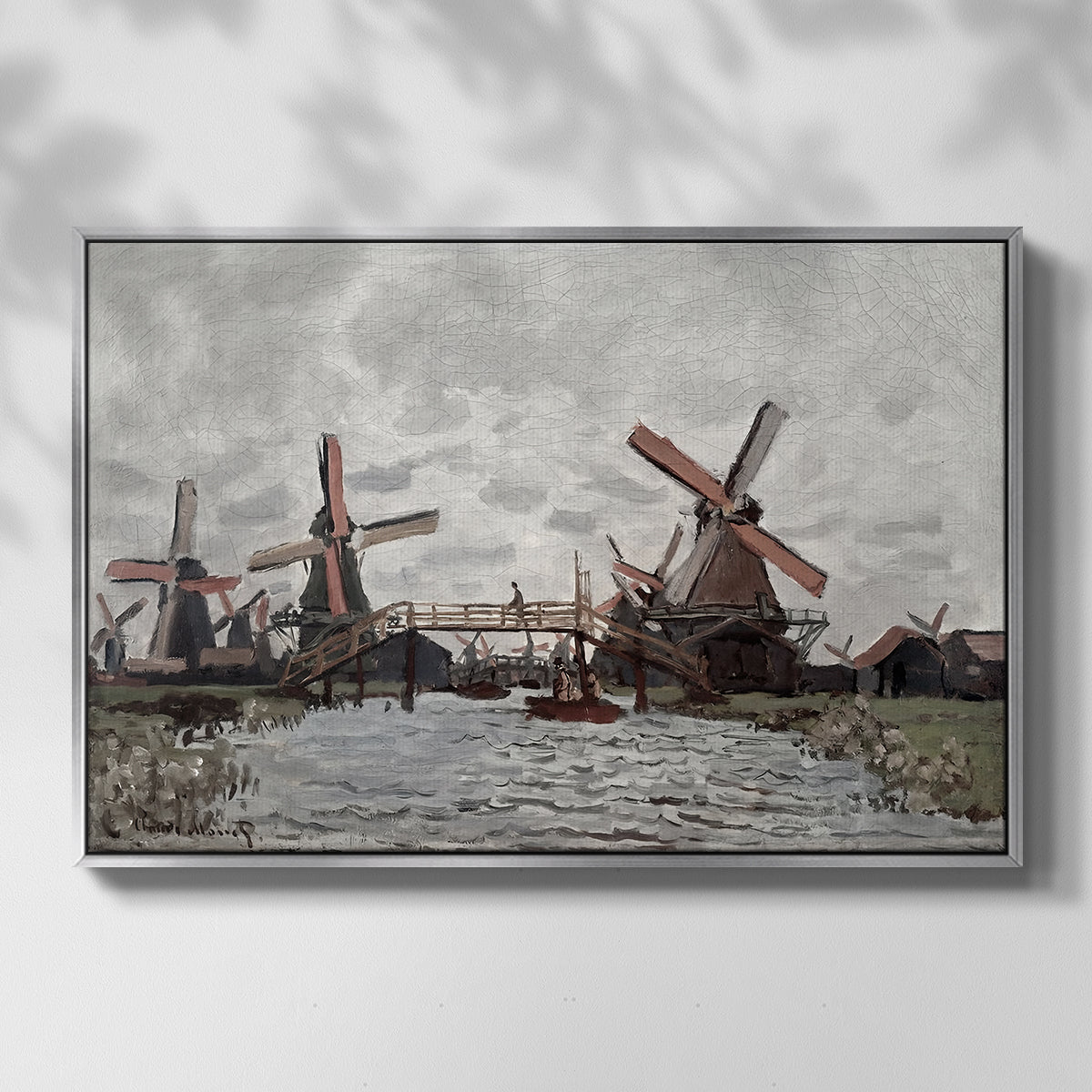 Front view of Windmills near Zaandam, 1871 by Claude Monet in a silver floater framed canvas.