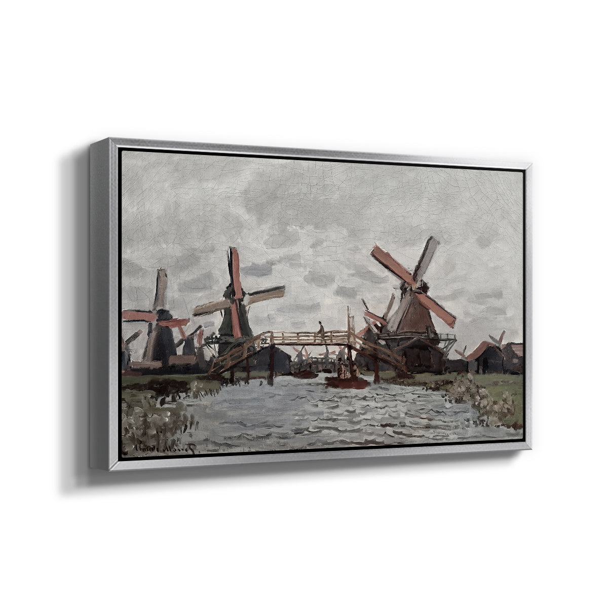 Angled view of Windmills near Zaandam, 1871 by Claude Monet in a silver floater framed canvas.