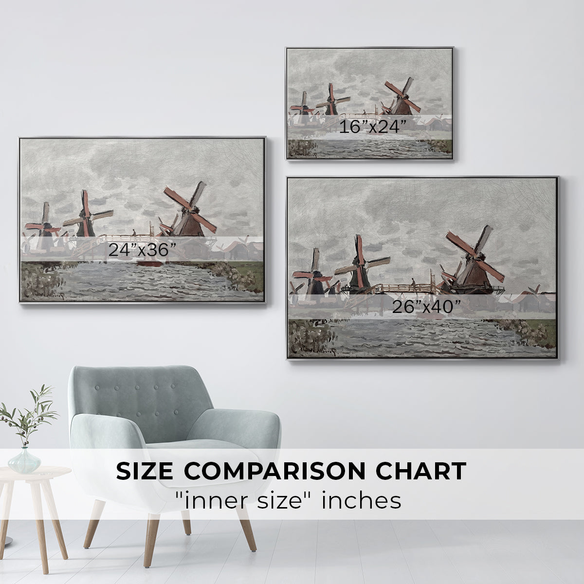 Size comparison chart for silver floater framed canvas featuring Windmills near Zaandam, 1871 by Claude Monet.