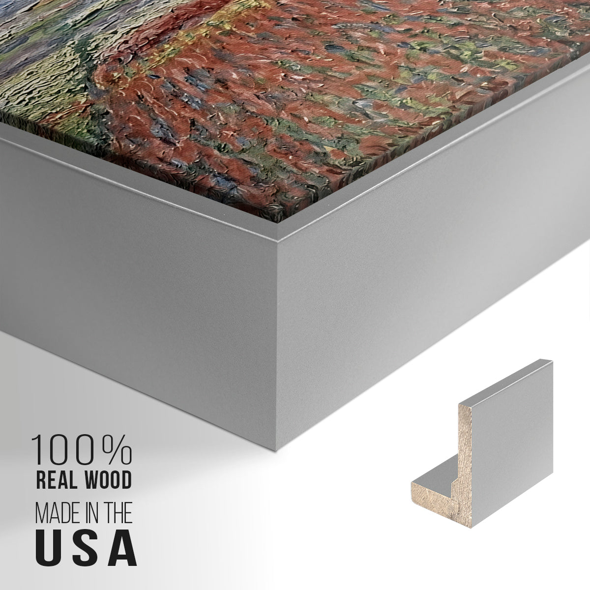 Close-up of the silver floater frame corner and gallery wrapped canvas construction.