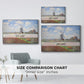 Size comparison chart for silver floater framed canvas featuring Tulip Fields with the Rijnsburg Windmill, 1886 by Claude Monet.