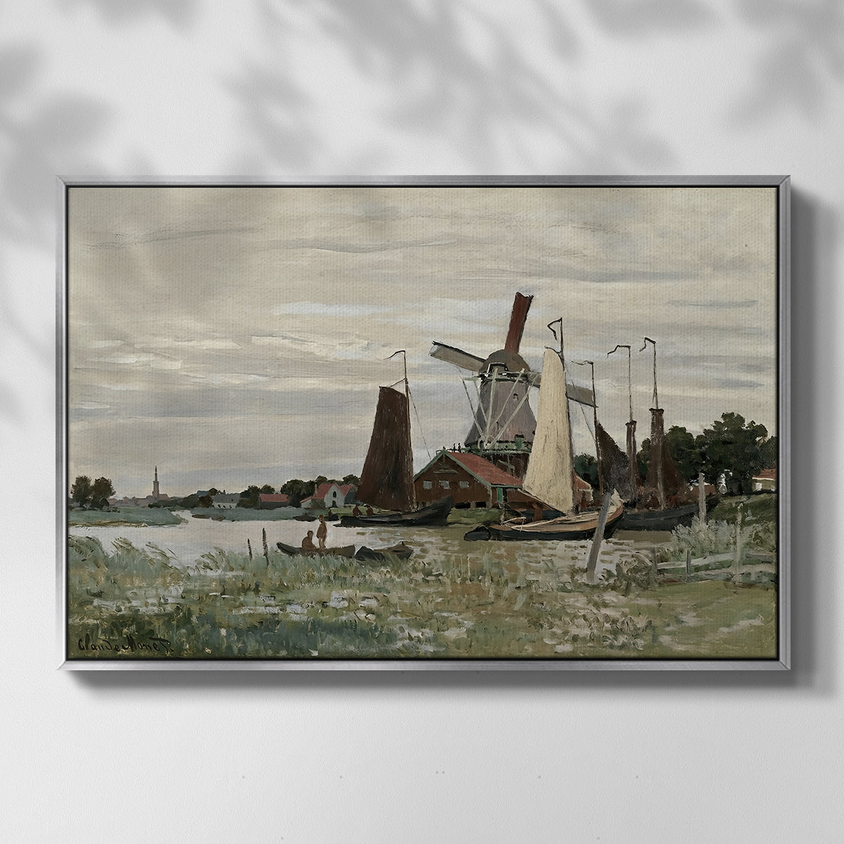Front view of Windmill at Zaandam, 1871 by Claude Monet in a silver floater framed canvas.