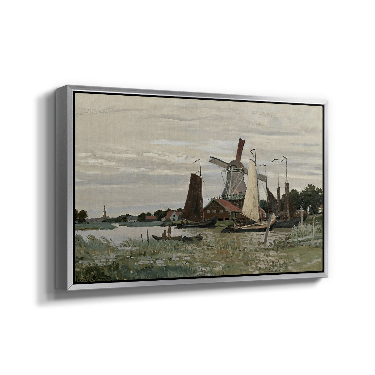 Angled view of Windmill at Zaandam, 1871 by Claude Monet in a silver floater framed canvas.