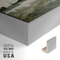 Close-up of the silver floater frame corner and gallery wrapped canvas construction.