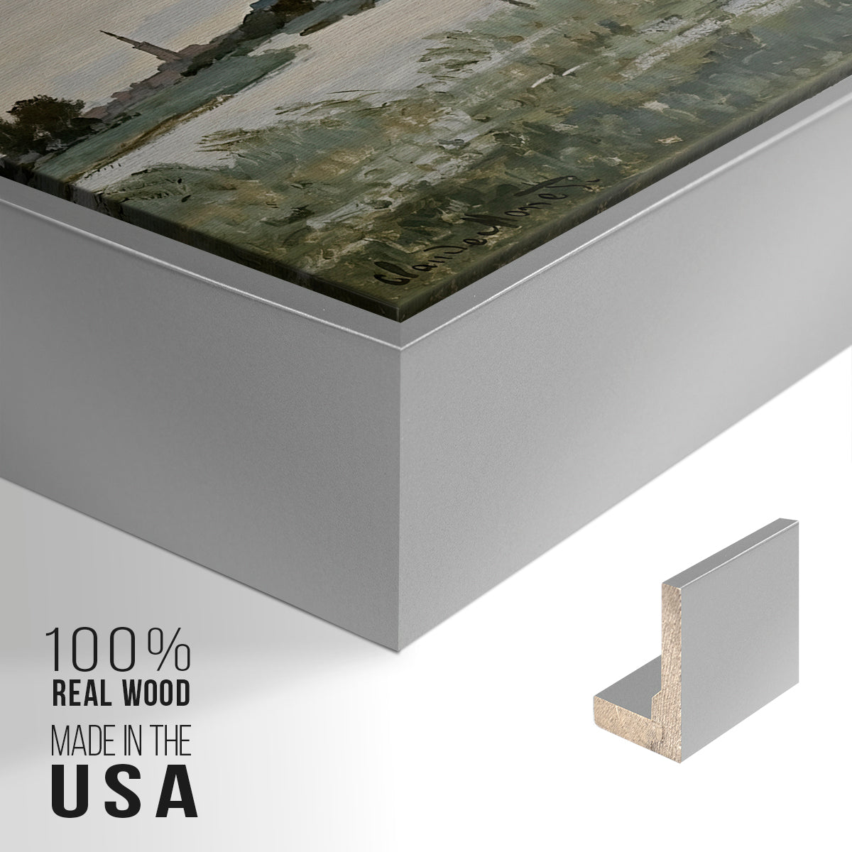 Close-up of the silver floater frame corner and gallery wrapped canvas construction.
