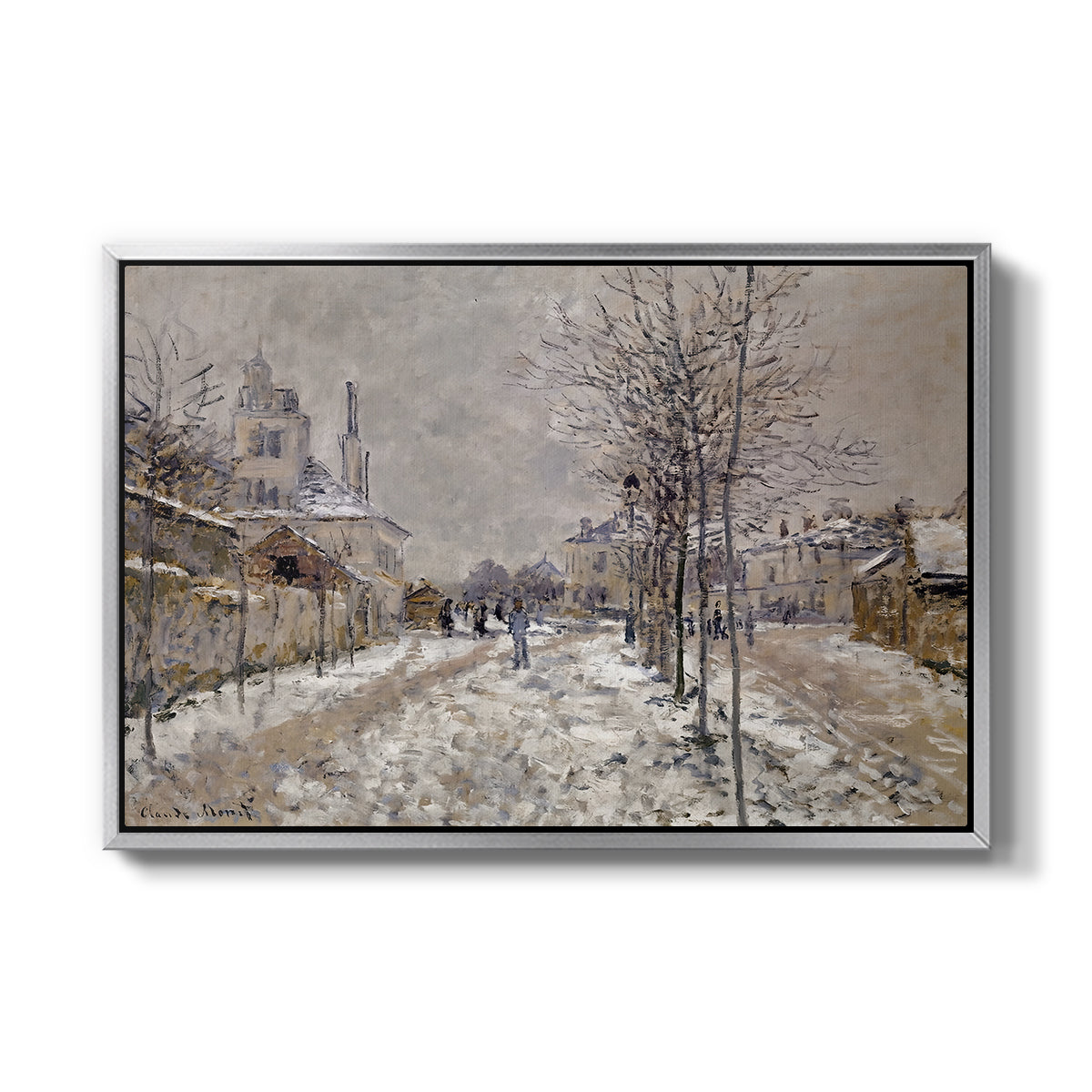 The Boulevard de Pontoise at Argenteuil, Snow Effect, 1875 by Claude Monet in a silver floater framed canvas wall art display.