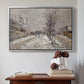 Silver floater framed canvas featuring The Boulevard de Pontoise at Argenteuil, Snow Effect, 1875 by Claude Monet above an entryway table in a minimalist foyer.