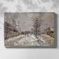 Front view of The Boulevard de Pontoise at Argenteuil, Snow Effect, 1875 by Claude Monet in a silver floater framed canvas.