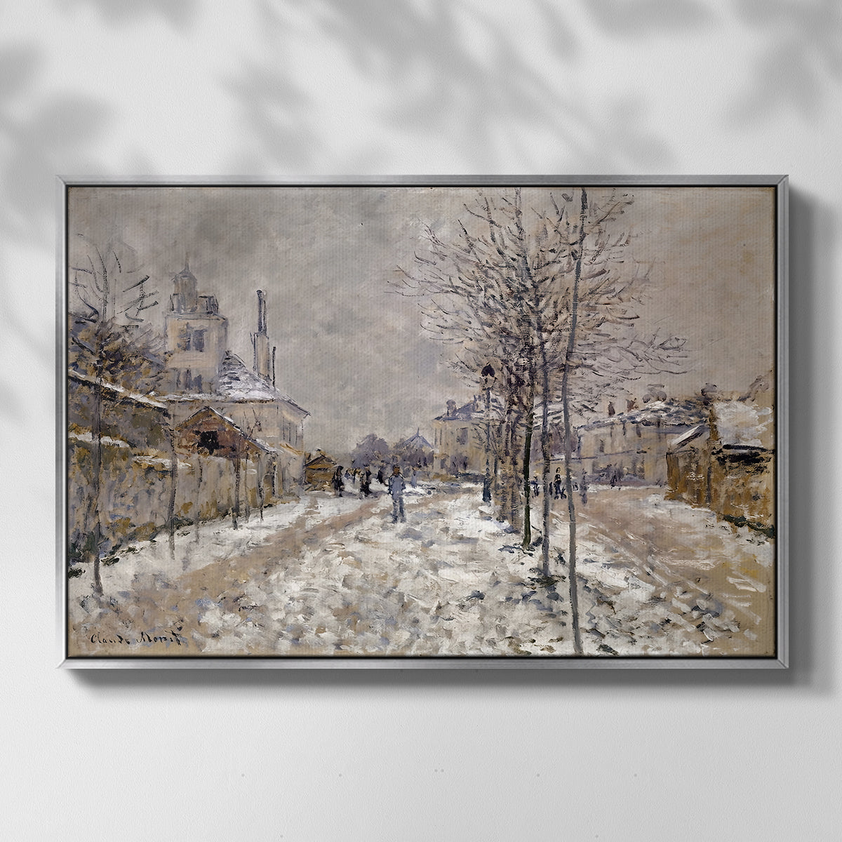 Front view of The Boulevard de Pontoise at Argenteuil, Snow Effect, 1875 by Claude Monet in a silver floater framed canvas.