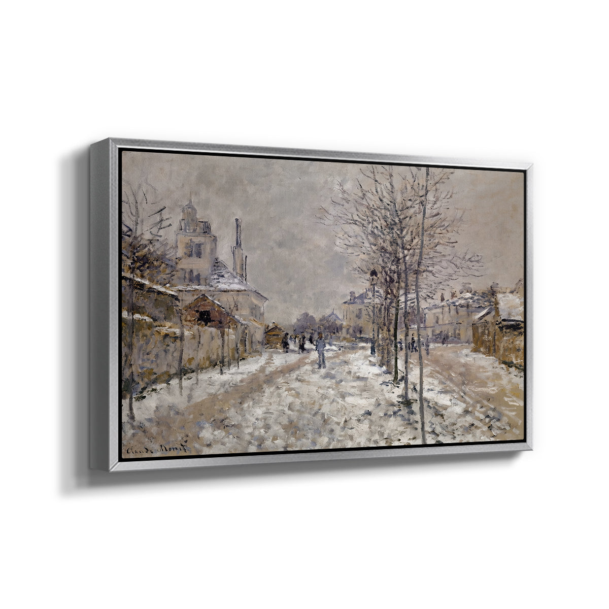 Angled view of The Boulevard de Pontoise at Argenteuil, Snow Effect, 1875 by Claude Monet in a silver floater framed canvas.