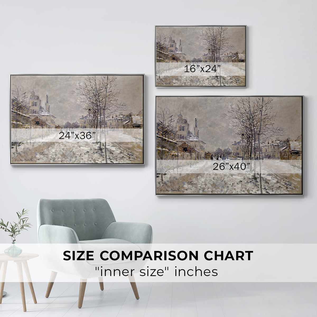 Size comparison chart for silver floater framed canvas featuring The Boulevard de Pontoise at Argenteuil, Snow Effect, 1875 by Claude Monet.