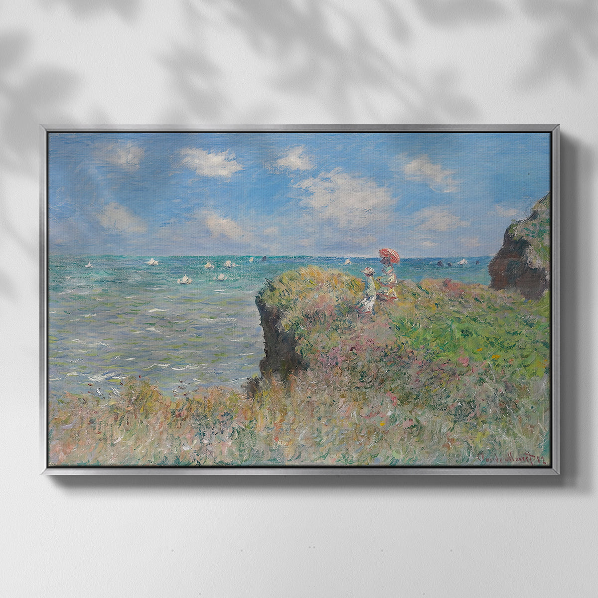 Front view of The Cliff Walk at Pourville, 1882 by Claude Monet in a silver floater framed canvas.