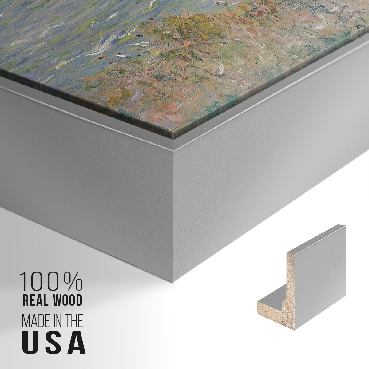 Close-up of the silver floater frame corner and gallery wrapped canvas construction.