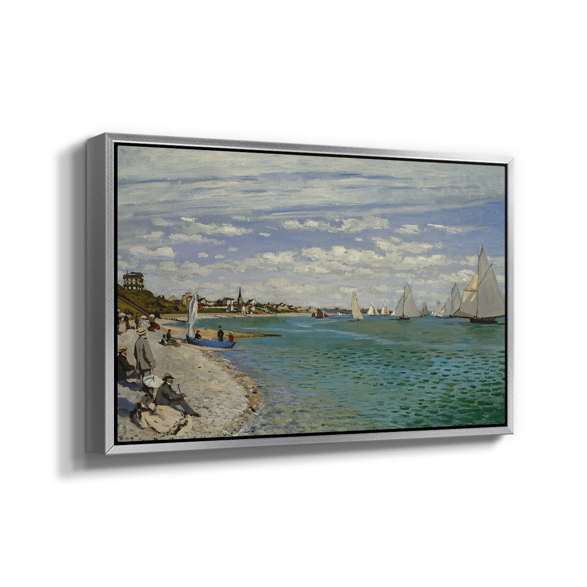 Angled view of Regatta at Sainte-Adresse, 1867 by Claude Monet in a silver floater framed canvas.