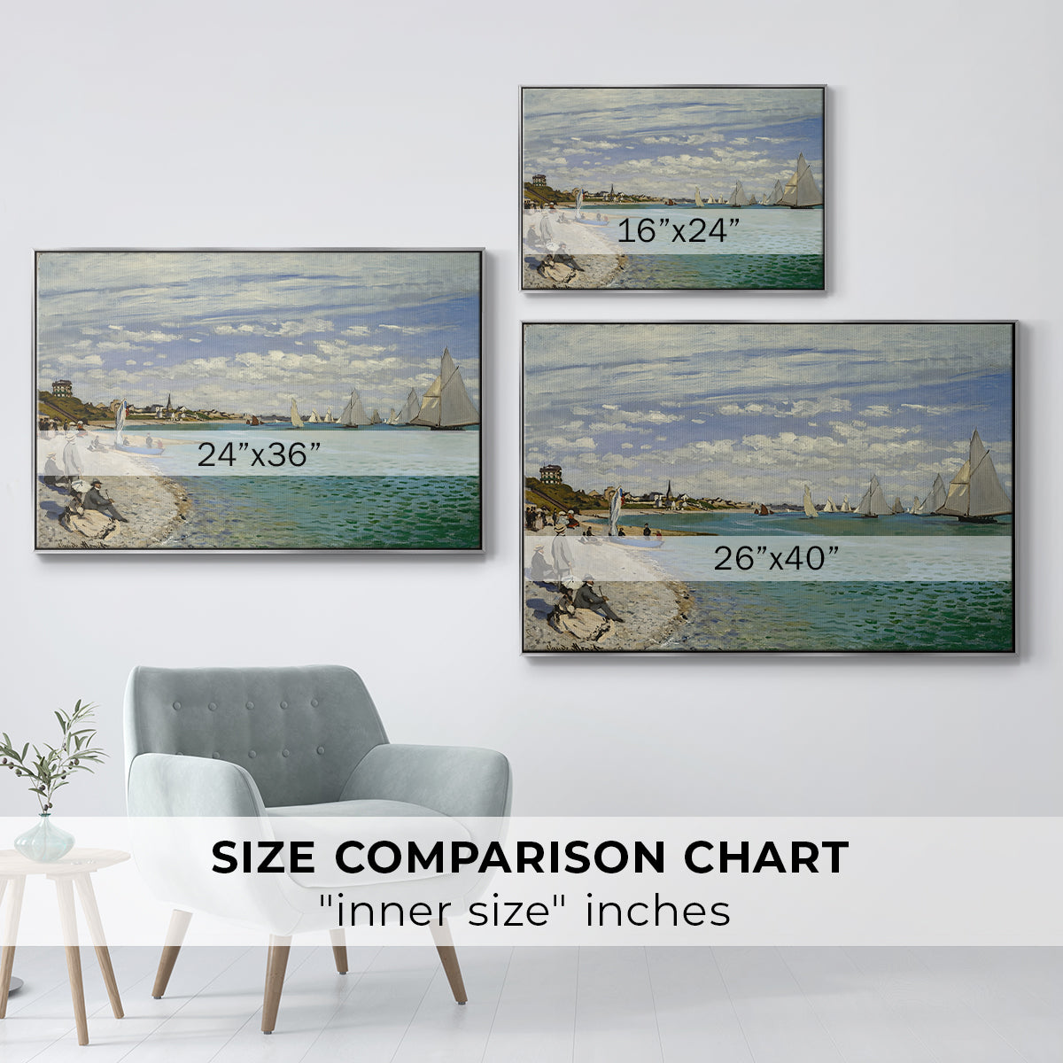 Size comparison chart for silver floater framed canvas featuring Regatta at Sainte-Adresse, 1867 by Claude Monet.