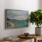 Regatta at Sainte-Adresse, 1867 by Claude Monet, presented in a silver floater framed canvas featuring sailboats gathered near shore with flags and spectators along coastline, displayed above a hallway console table.