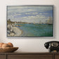 Regatta at Sainte-Adresse, 1867 by Claude Monet in a silver floater framed canvas displayed above a console table in a hallway, featuring a nautical scene with boats racing near seaside town.