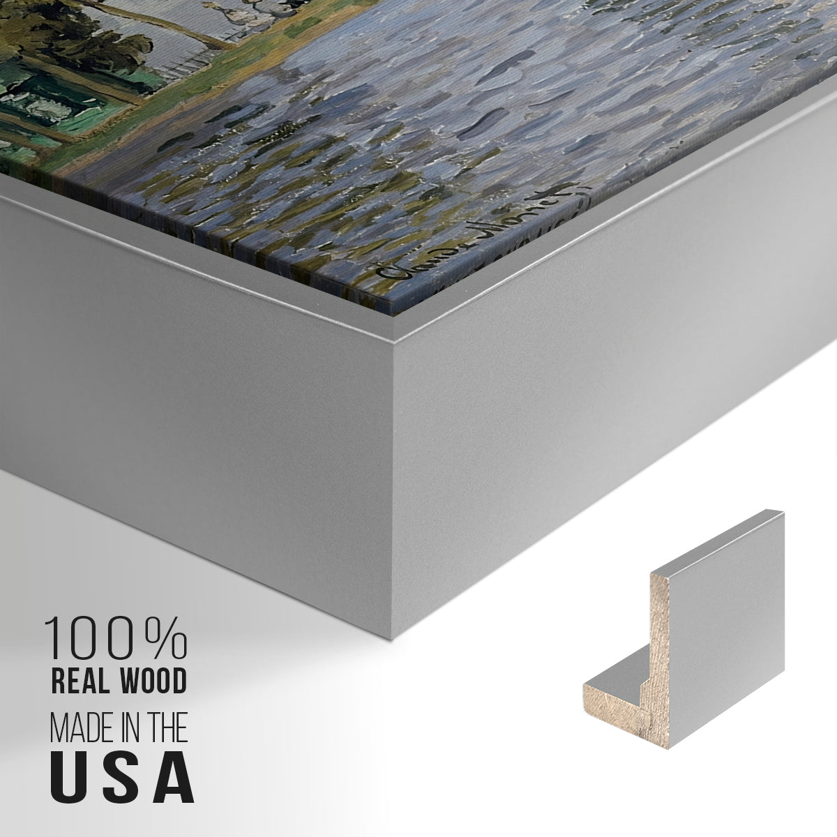 Close-up of the silver floater frame corner and gallery wrapped canvas construction.