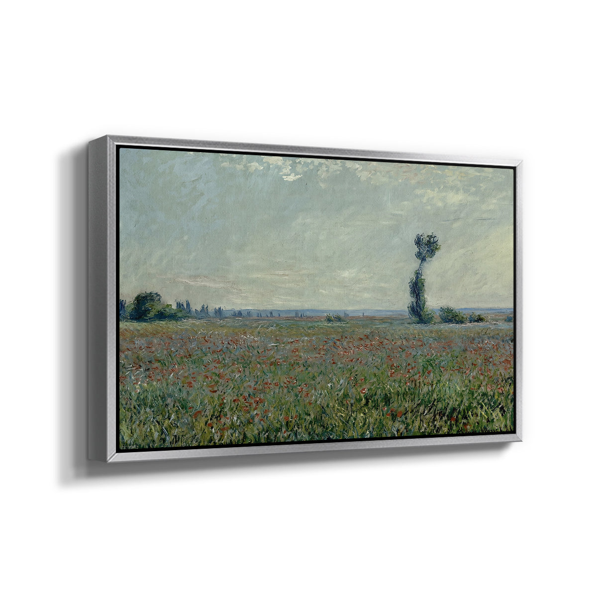 Angled view of Poppy Field, 1881 by Claude Monet in a silver floater framed canvas.